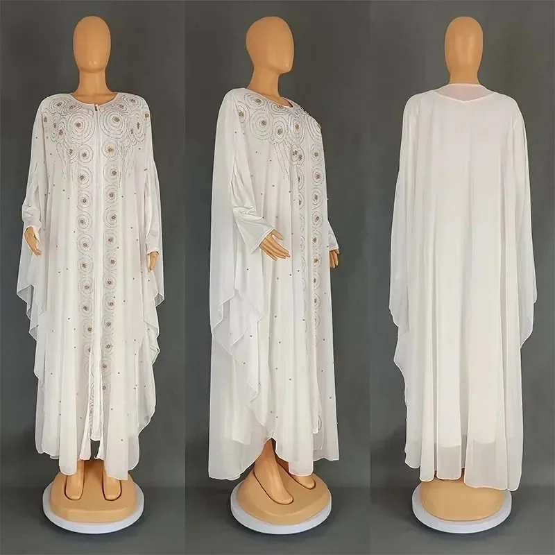Two 2 Piece Set African Dresses for Women 2024 Traditional Nigeria Mesh Hot Drill Caftan Dress Abaya Musulman Robe Femme Clothes