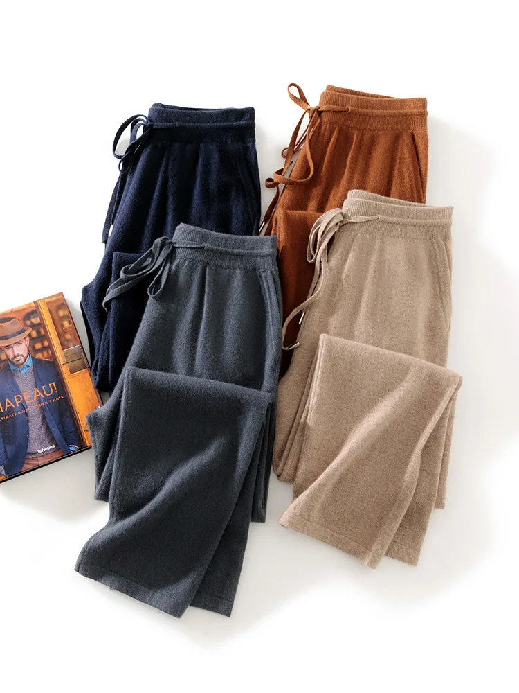 U.M Men's Pure Cashmere High Quality Wide Leg Pants Autumn Winter Casual Cashmere knitted Pants Soft Comfortable Trousers