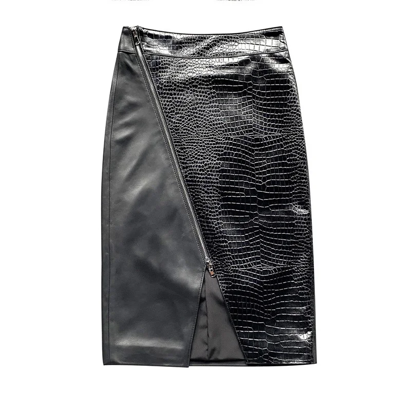 

2023 Genuine Sheepskin Long Skirts Women New Design Patent Leather Split Skirt Lady Luxury Slim TF5014