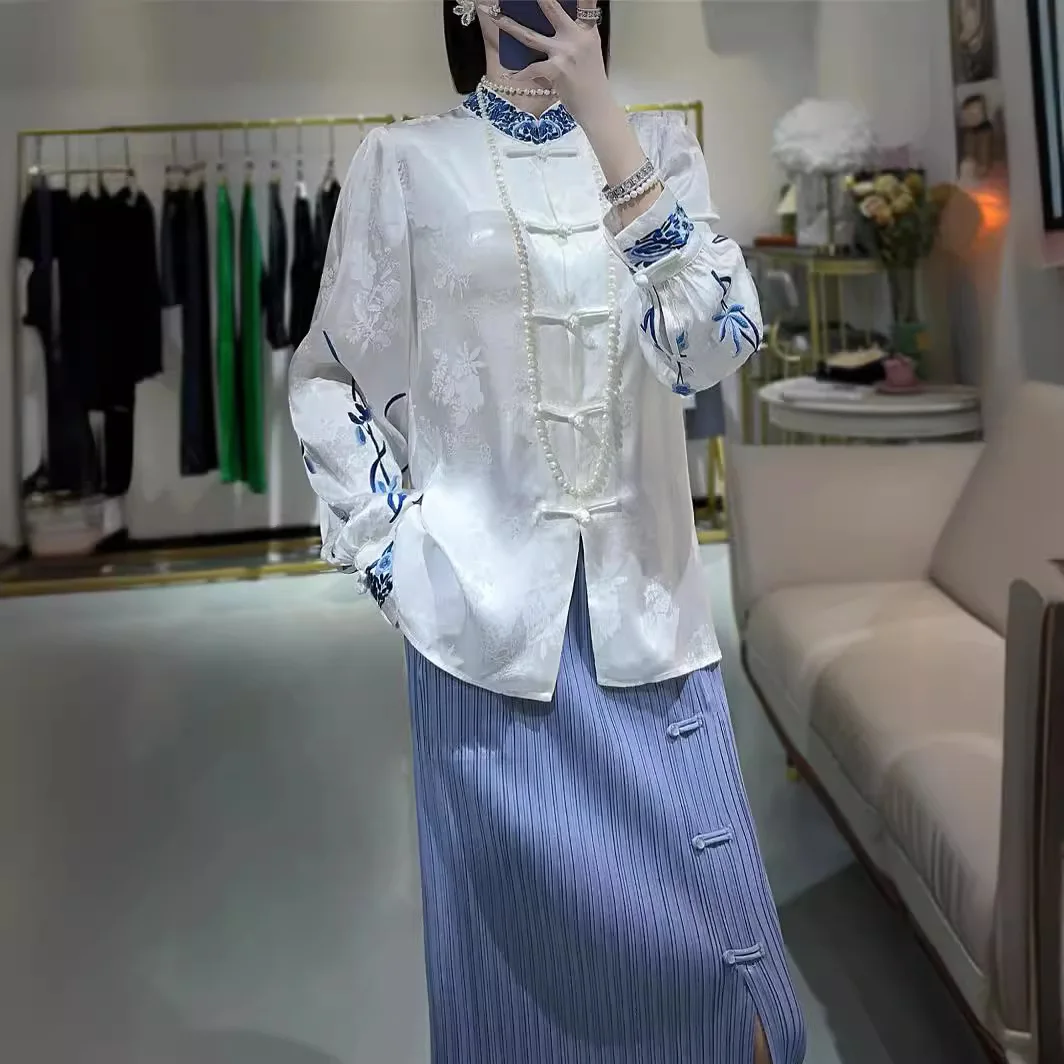 

Высококачественная рубашка на весну и лето, новинка, жаккардовая свободная мягкая удобная блузка с вышивкой и рукавом «Бишоп»