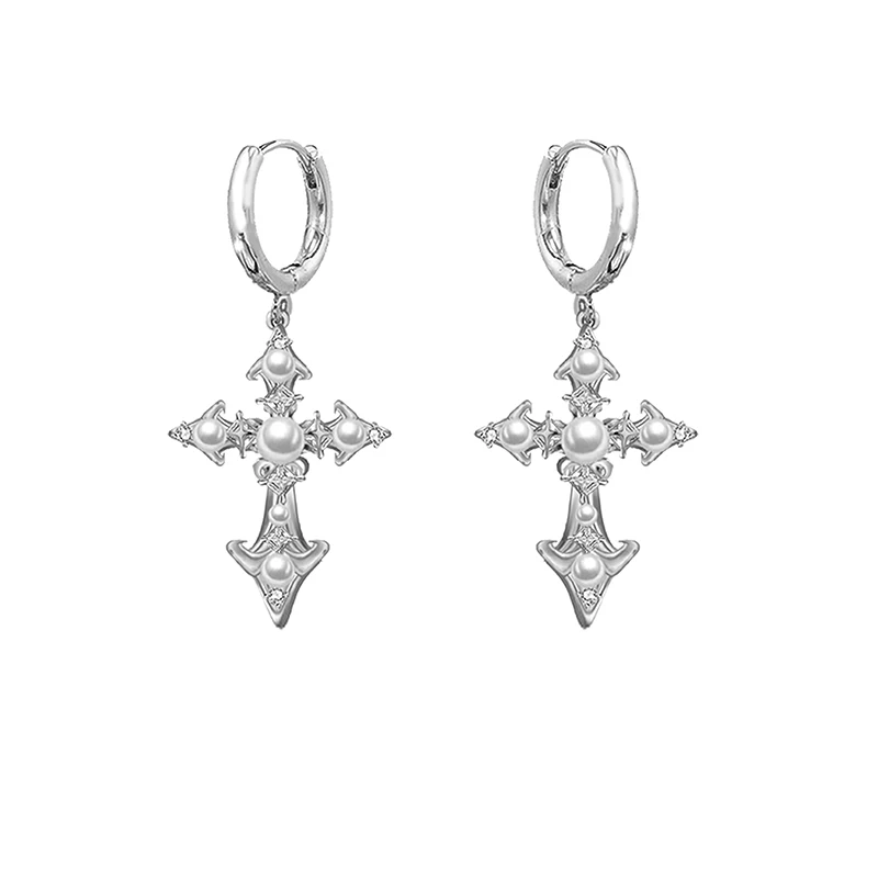 MASW Original Design Popular Style Shiny Glass Simulated Pearl Cross Dangle Earrings Necklace For Women Modern Jewelry