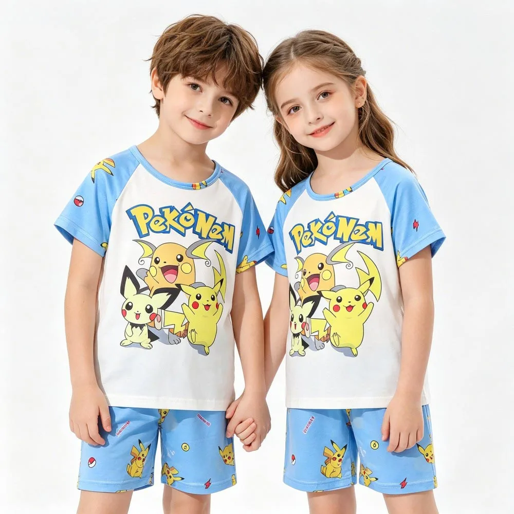 여름 2pcs 어린이 잠옷 어린이 잠옷 피카추 Pijamas 동물 만화 잠옷 정장 아동복 정장 Nightwear Homewear