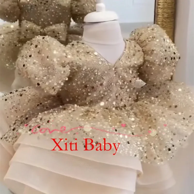 Luxurious Flower Girl Dress Scoop Neck Puff Girls Party Dresses for Wedding Puff Sleeves Tulle Kids Christmas Ceremonial Dress