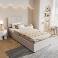 Lit simple rembourré Fangange 90x200cm, lit enfant avec sommier à lattes et espace de rangement, tête de lit réglable, lin, beige 3