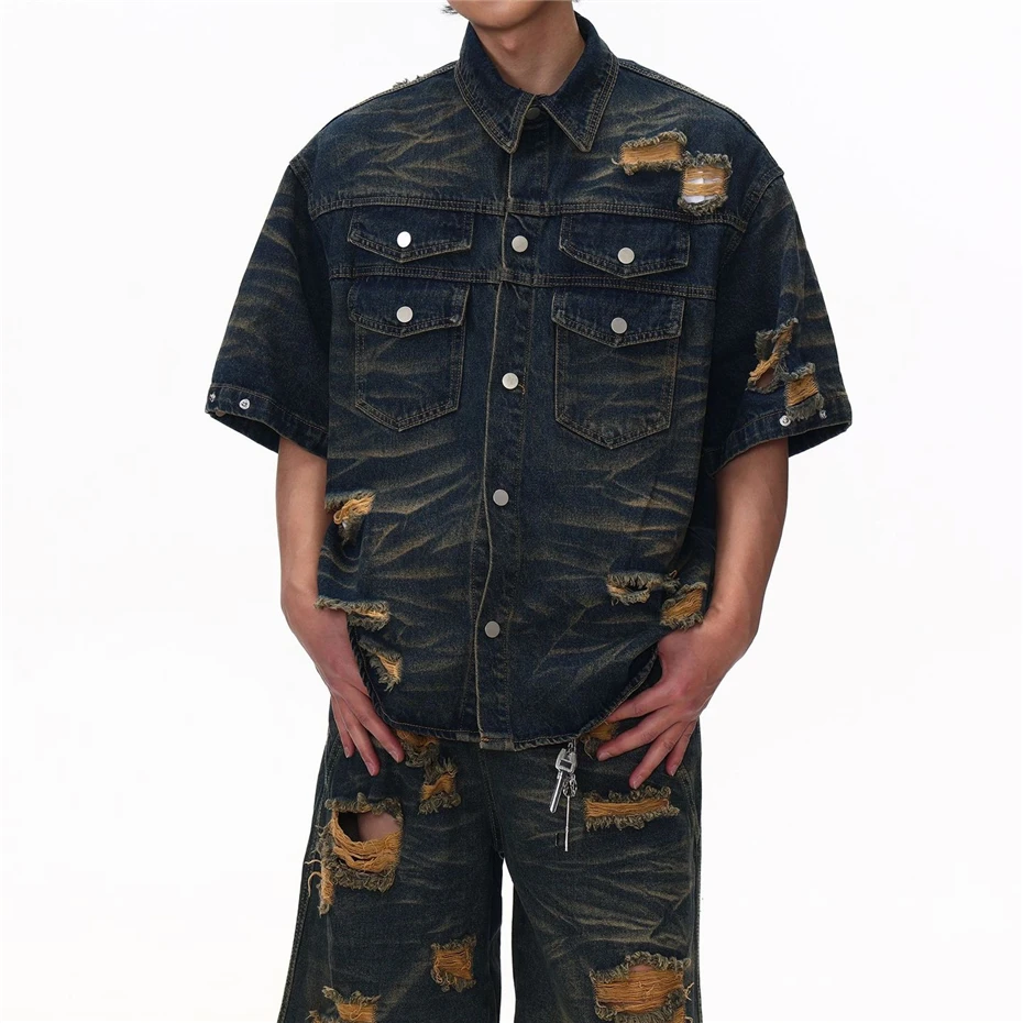 Ripped Hole Denim Sets Streetwear Hip Hop Patchwork Jeans Shirts Men Oversized Harajuku Vintage Baggy Denim Shorts Mens Blouse