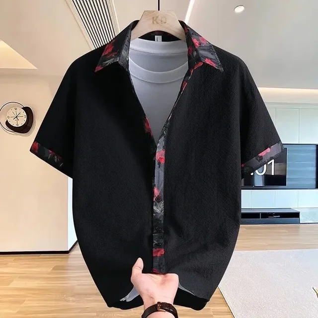 Color Blocked All Match Summer New Men's Short Sleeved Shirt Thin Fashion Short Sleeved Trendy Men's Turn Down Collar Top 2
