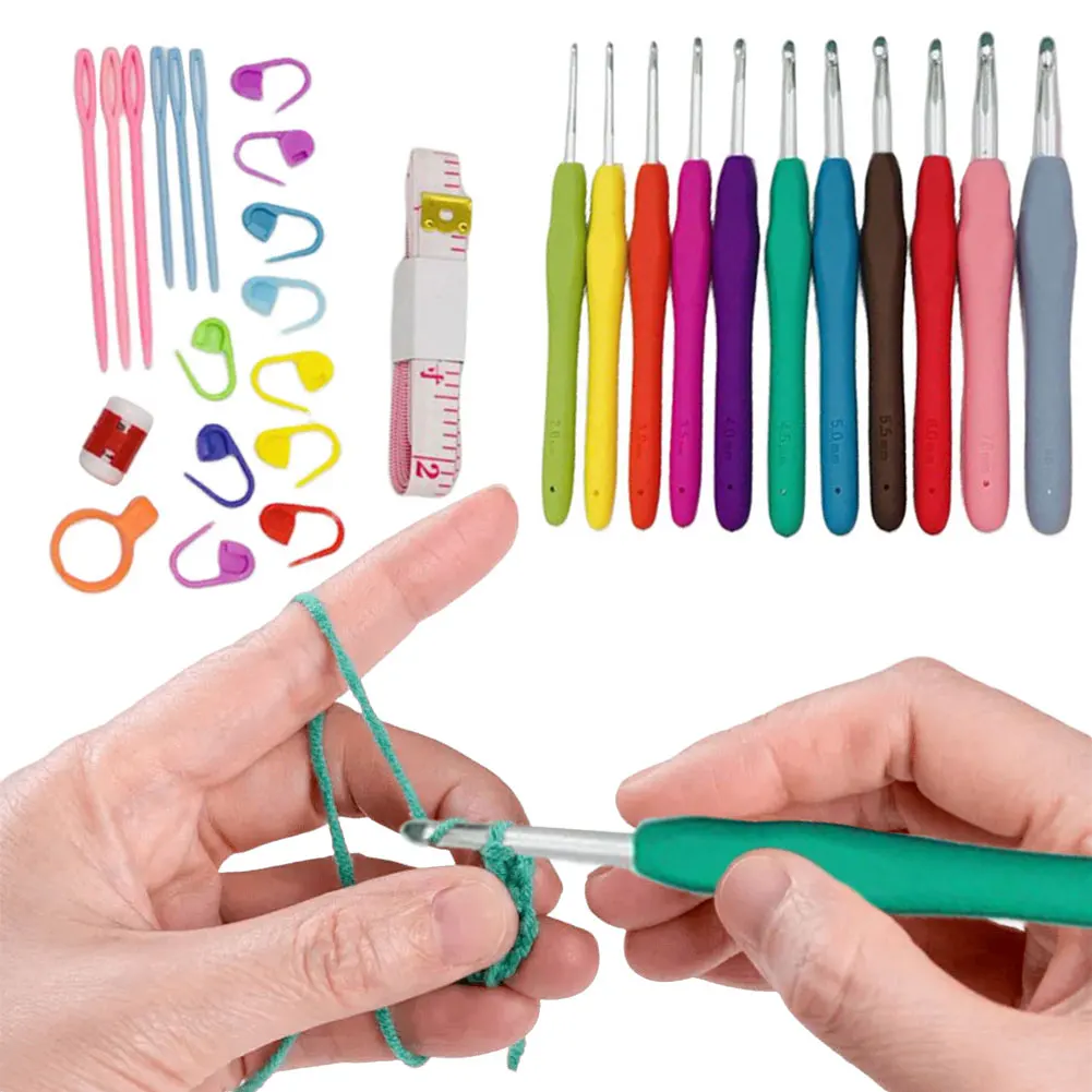11PCS Colorful Rubber Handle Knitting Needles Kit With Sewing Clips Plastic Needles Staniless Steel Scissors Crochet Hooks Set