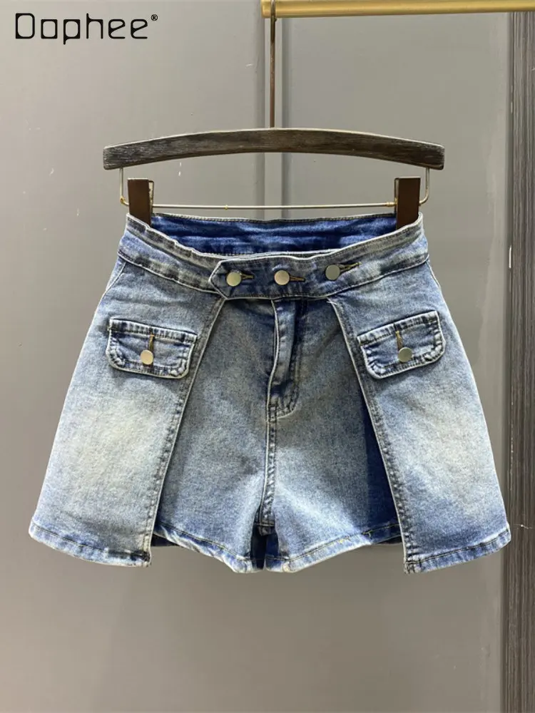

Streetwear Women Denim Short Culotte 2023 New Women's Spring and Summer Retro High Waist Slimming A- Line Jean Skirts Female