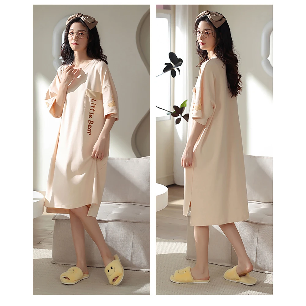 100% Cotton Summer New Dress Sexy Split Sleepwear Sleep Shirts Sweet Cute Cartoon Nightgowns Casual Loose Soft Women Night Dress