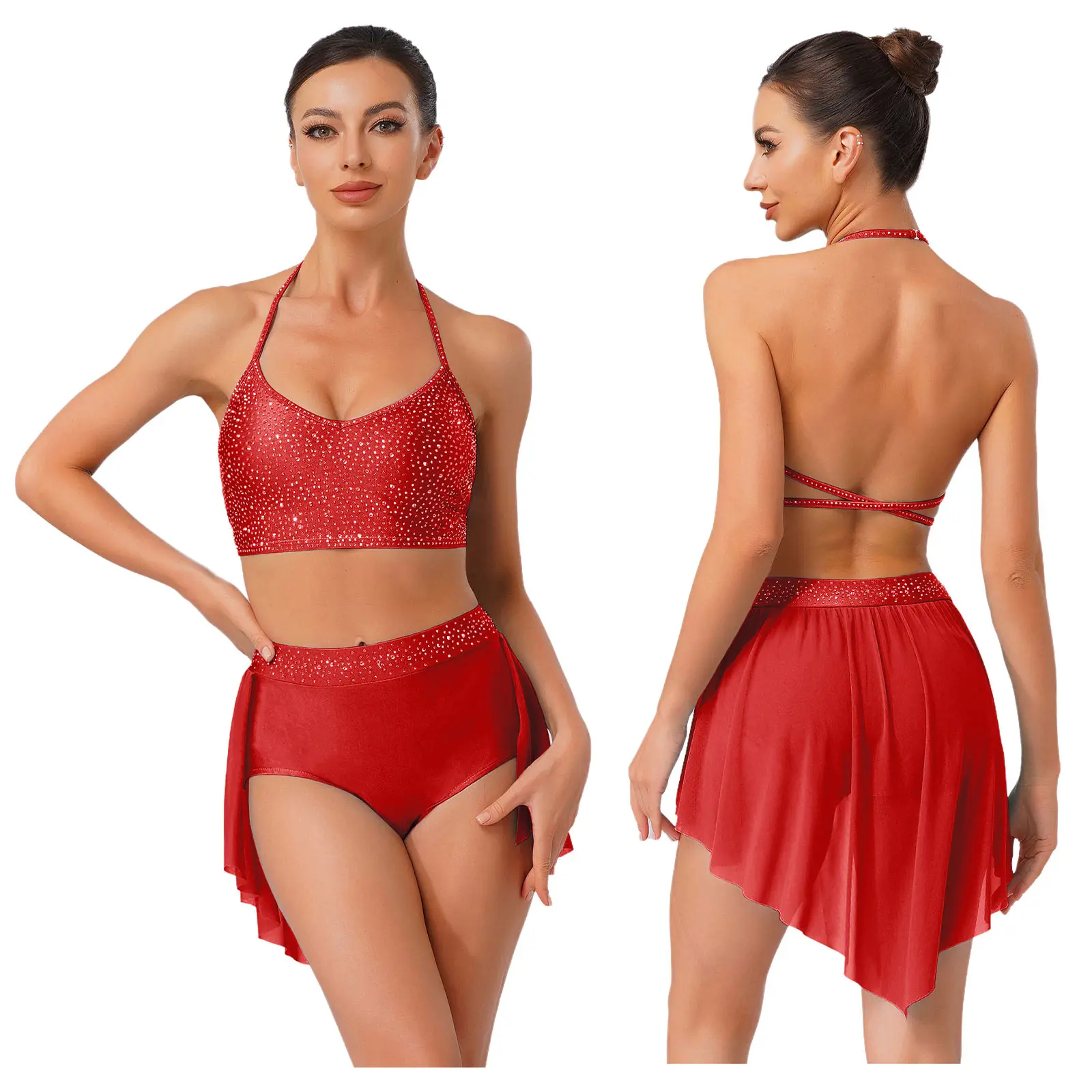 Costume De Danse Deux Pièces Femme - Haut Dos Nu Paillettes Et Short Pour Danse Lyrique, Moderne Ou Soirée Glamour - 8