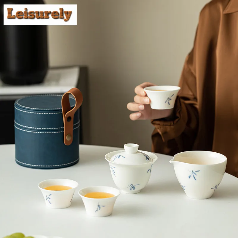 Hand Drawn Butterfly Orchid Tea Set Kit Zen 1 Bowl 3 Cups Tea Maker Tea Set Portable Trave Leather Handbag Chinese Tea Set Gift