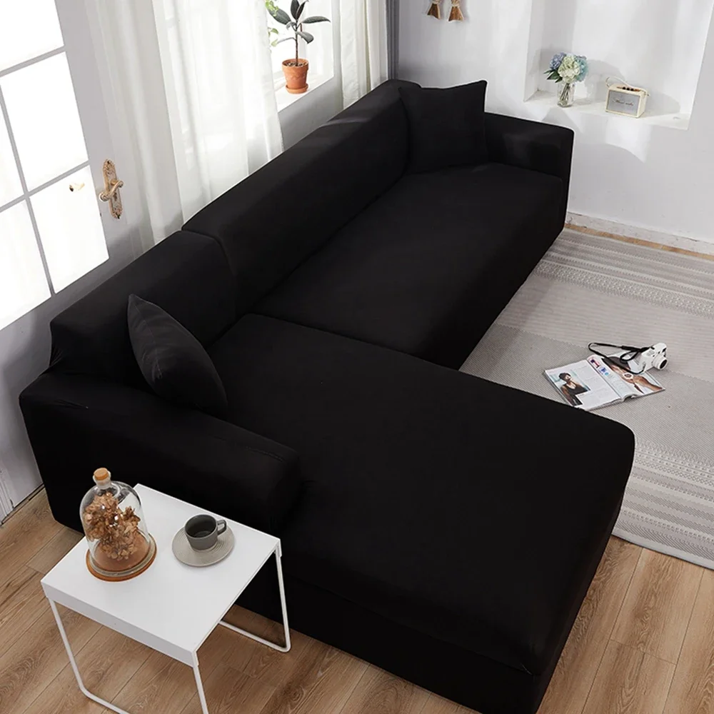 Funda de sofá de esquina elástica de Color negro sólido para sala de estar, 2, 3 y 4 plazas, Chaise Longue, funda de protección decorativa en forma de L