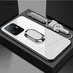 Magnet Ring Stand Phone Case with Mirror Tempered Glass Back Cover for Mi 15 Pro (White)