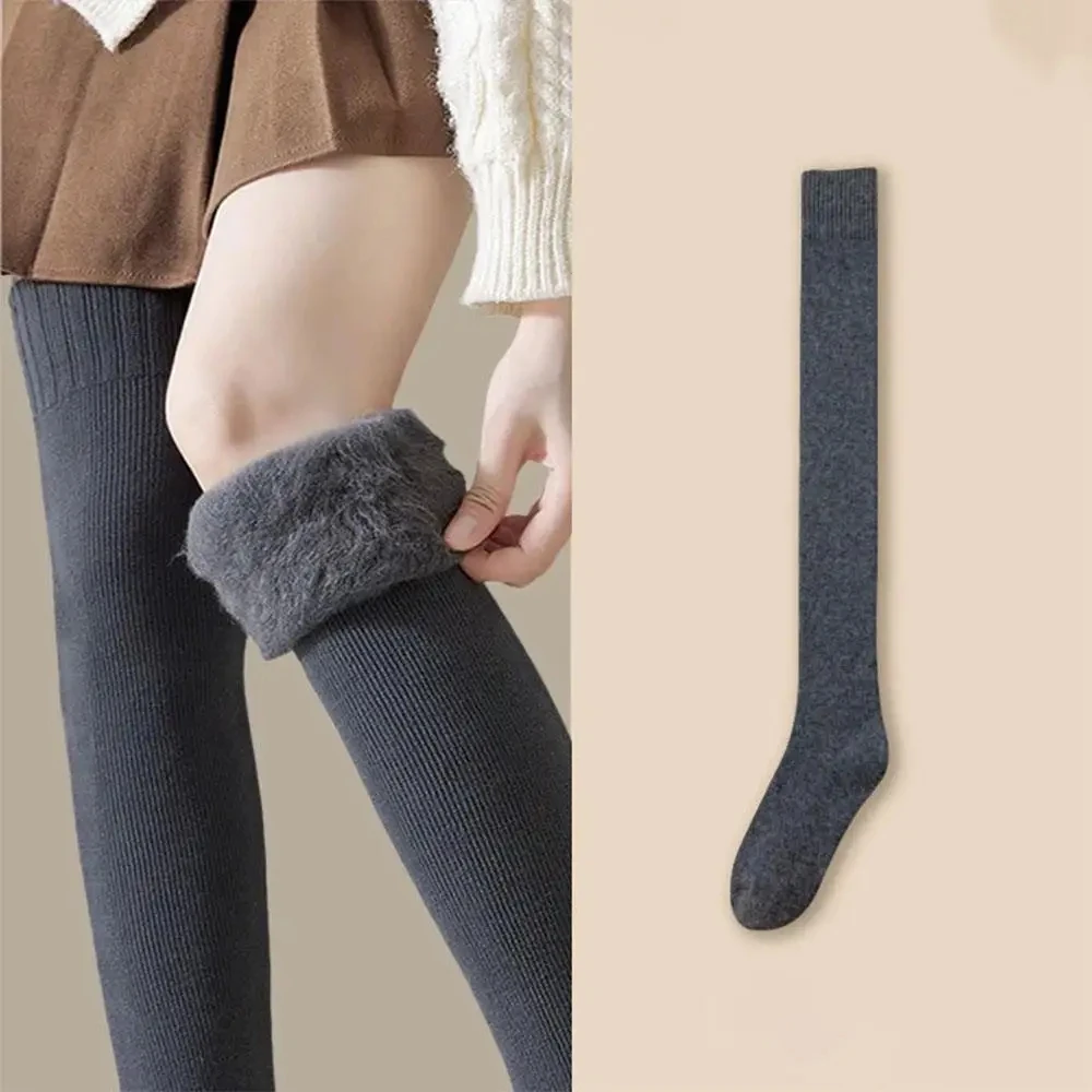 Verdickte warme Oberschenkelhohe Socken Einfarbige Beinwärmer Stiefelmanschette Lange Socken Neue Winterfrauen mit Fleece gefütterte Overknee-Socken – Detail 1