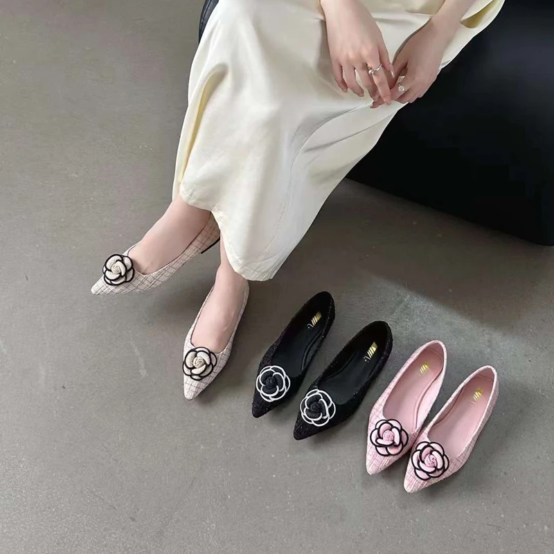 Ladies Flat Shoes Pink Pointed Toe Mary Jane Shoes Comfort Low Heeled Pumps 3D Flowers Black Flats High Heels Chusseure Femme