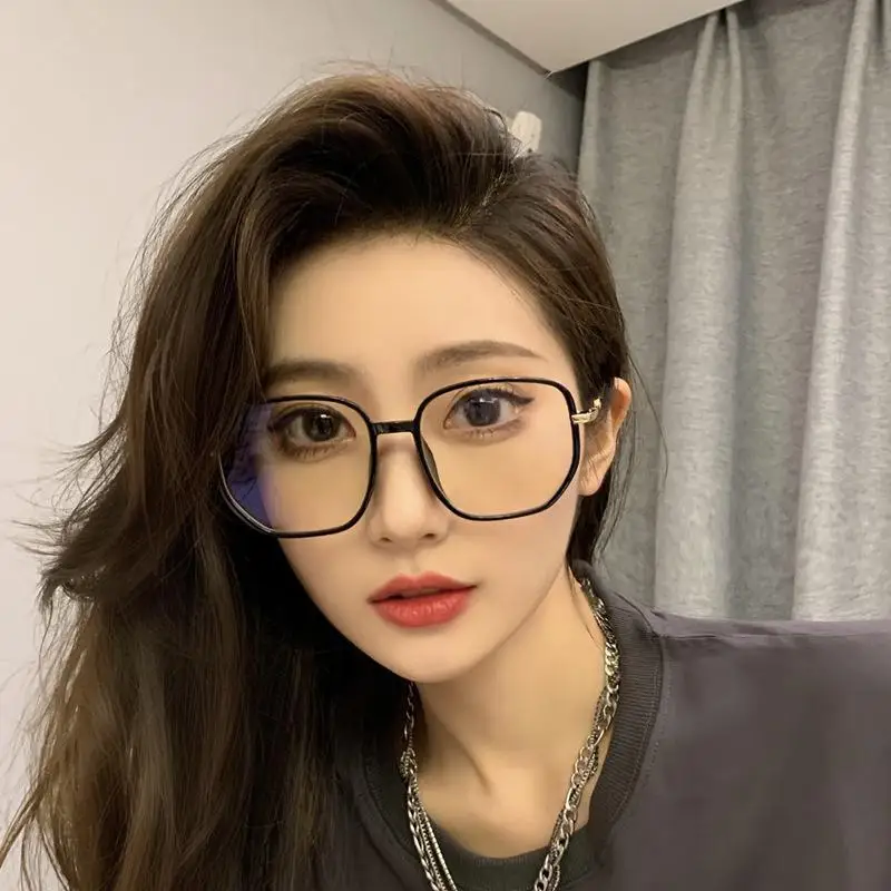 

Retro Simple Large Frame Adult Anti-Blue Glasses Square Side Glitter Design Hottie Street Fashion Accessories