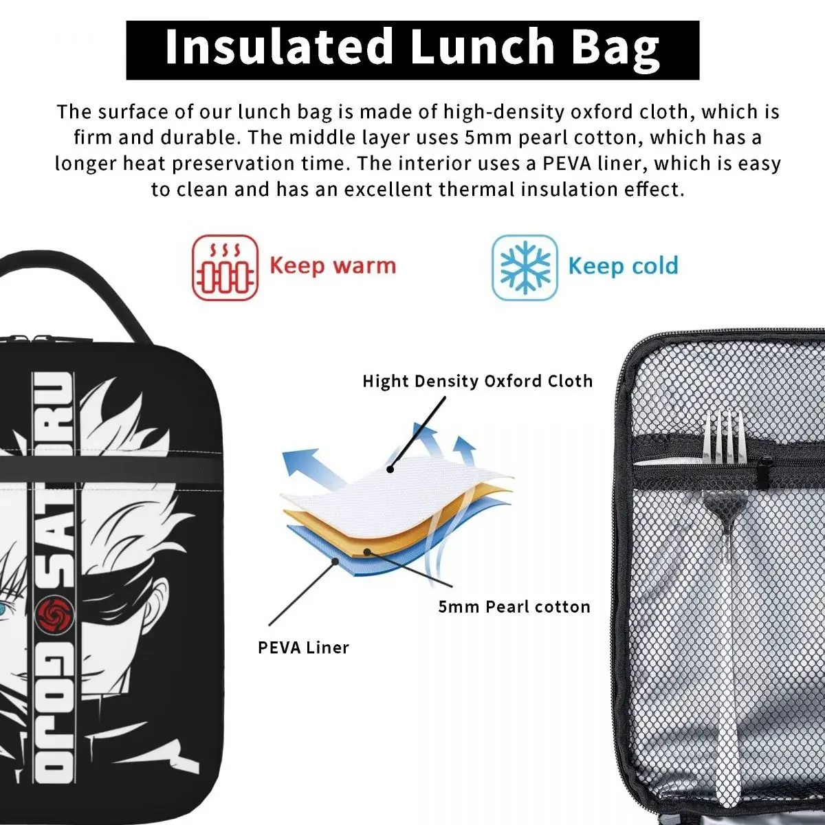 Kaisen Gojo Satoru Insulated Lunch Bags Thermal Lunch Container Anime Portable Lunch Box Tote Food Handbags School 6