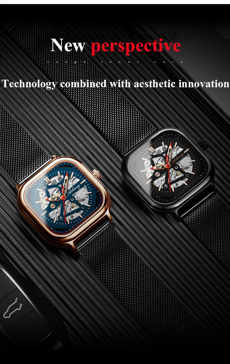 AILANG Top Skelett Quadrat Mechanesch Fir Männer Automatesch Handgelenk Waasserdicht Mesh Gürtel es_voghion.com