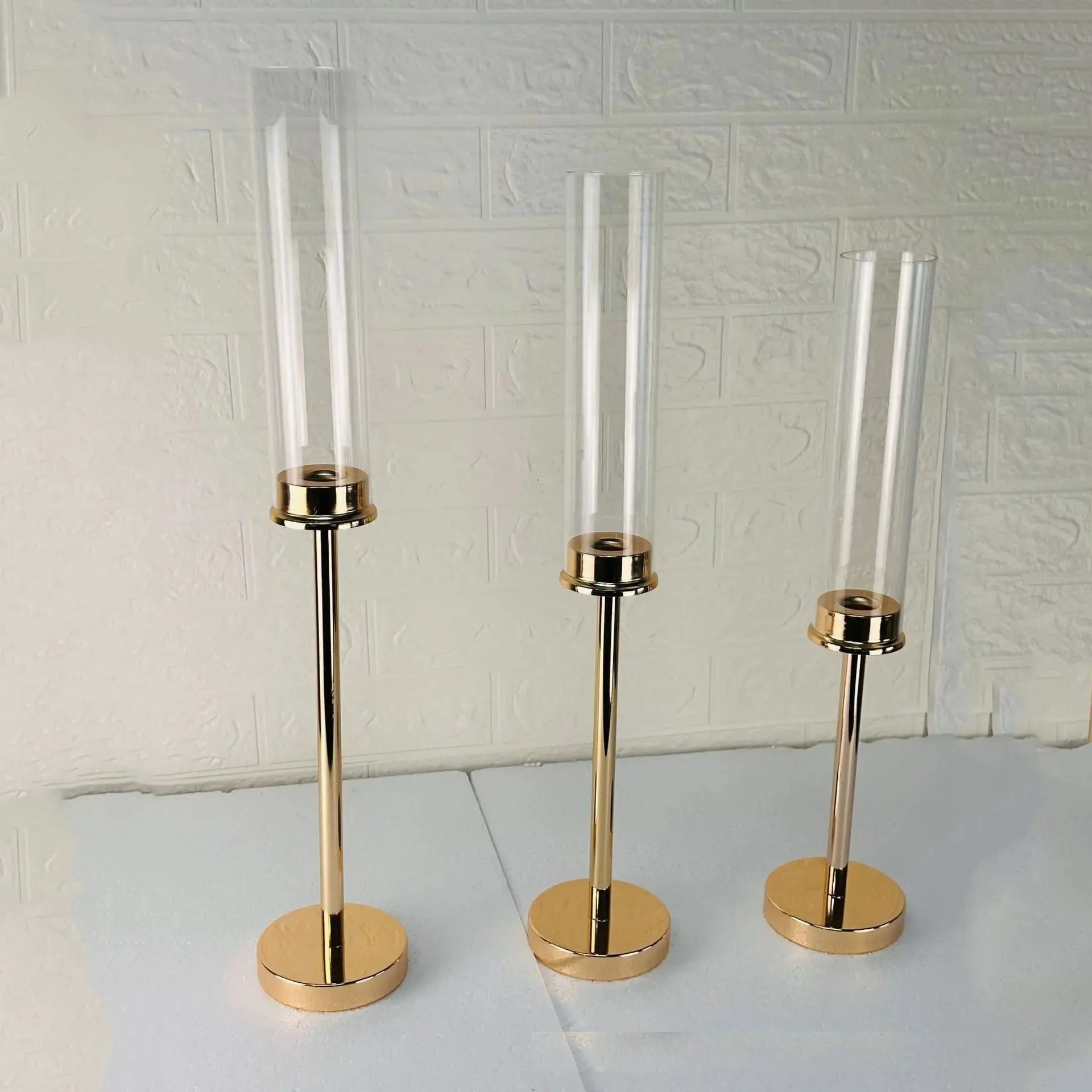 Description Picture 2 of item3Pcs,Gold Hurricane Candle Holder and Candles 3 Size Gold Acrylic Candlestick with Metal Cylinder Stand for Table Centerpiece