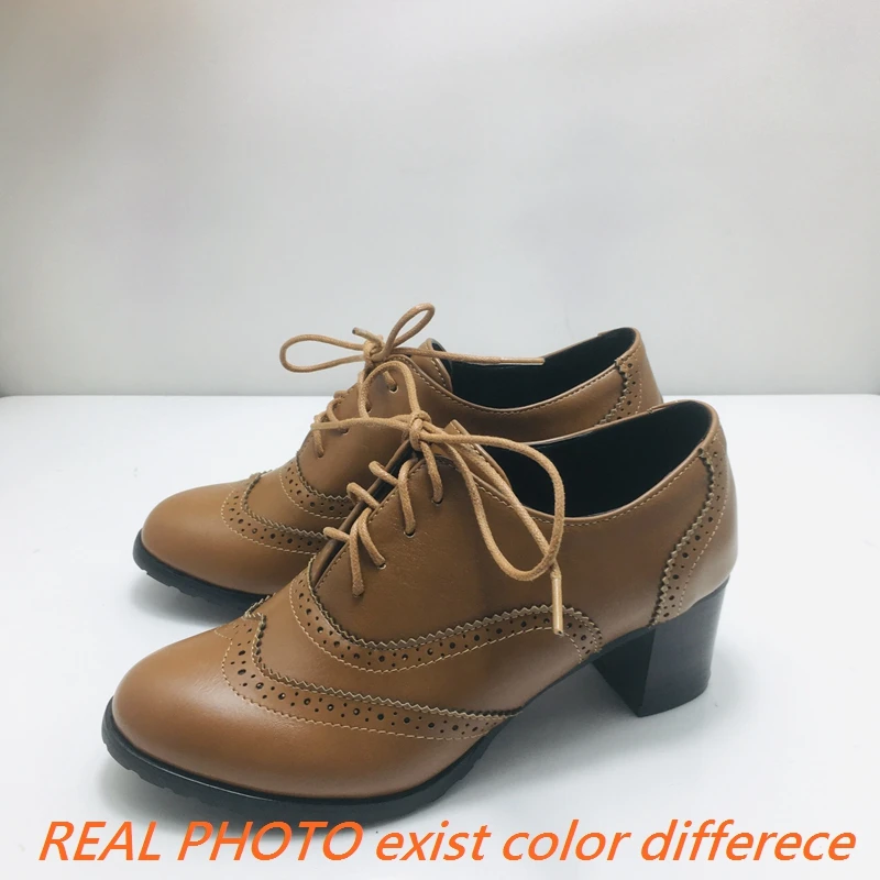 Women Pumps Round Toe 5.5cm Wood Heels Platform Brogue Retro Lace-Up