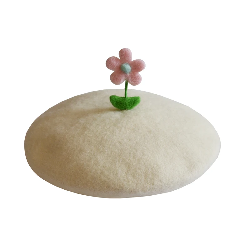 RH 가을 겨울 꽃 양모 펠트 귀여운 베레모, 해바라기, 흰색, 노란색, 달콤한 수제, 여성 따뜻한 모자