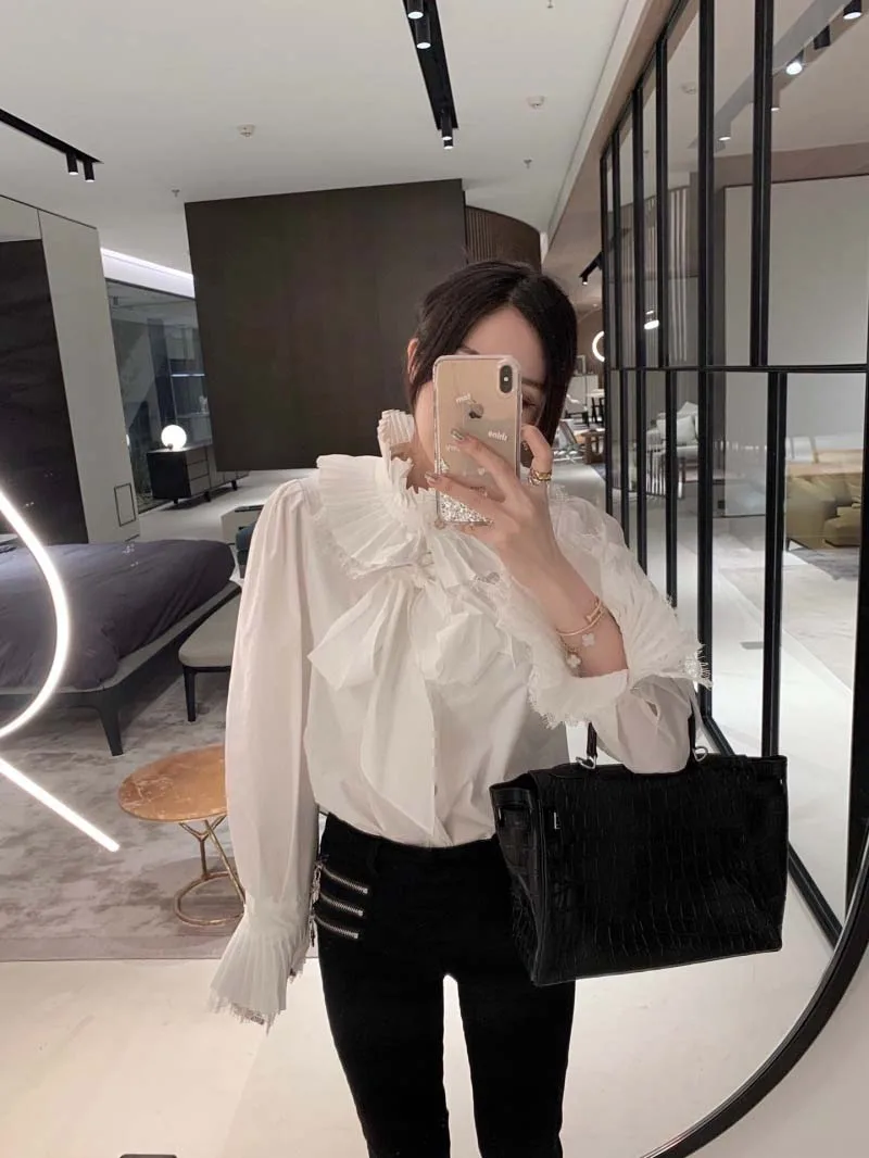 

College style fashionable and minimalist trend versatile daily commuting collar folded long sleeved shirt