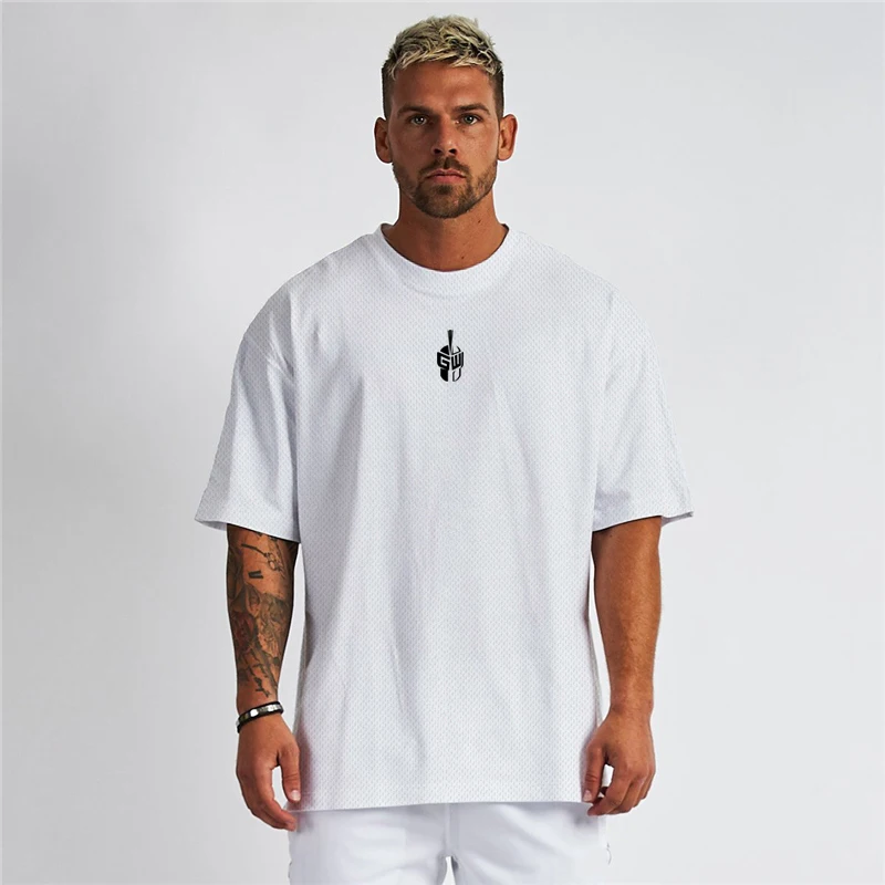 Mesh Oversized T shirt Mens Dropped Shoulder Half Sleeve Fitness T Shirt Men Summer Loose Gym