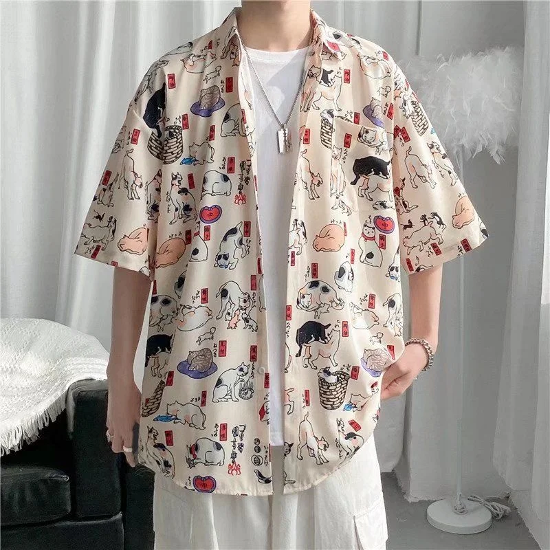 

Men's Full Print Shirts Thin Casual Loose Hip Hop Street Tops Fashion Short Sleeve Lapel Summer Outerwear Male Clothing M-3XL