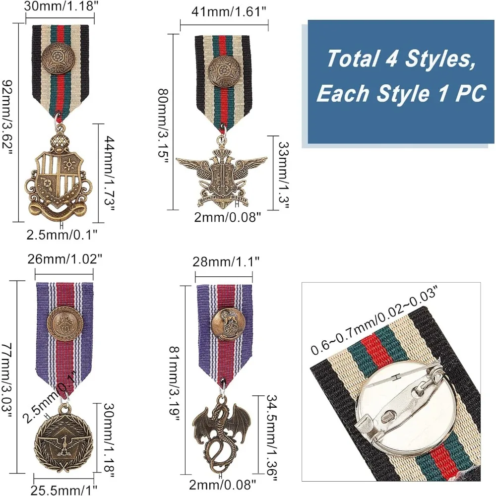 4 Pcs Costume Military Badge Medal, 4 Style Military Hero Combat Medals Brooch Navy Badge Patriot Brooch Pin Stripe