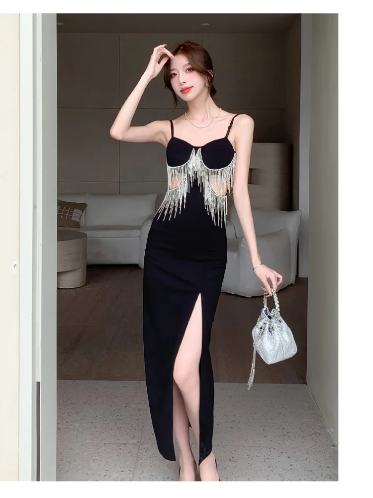 New Fashion Black Sexy Spaghetti Strap Luxury Diamond Tassel Club