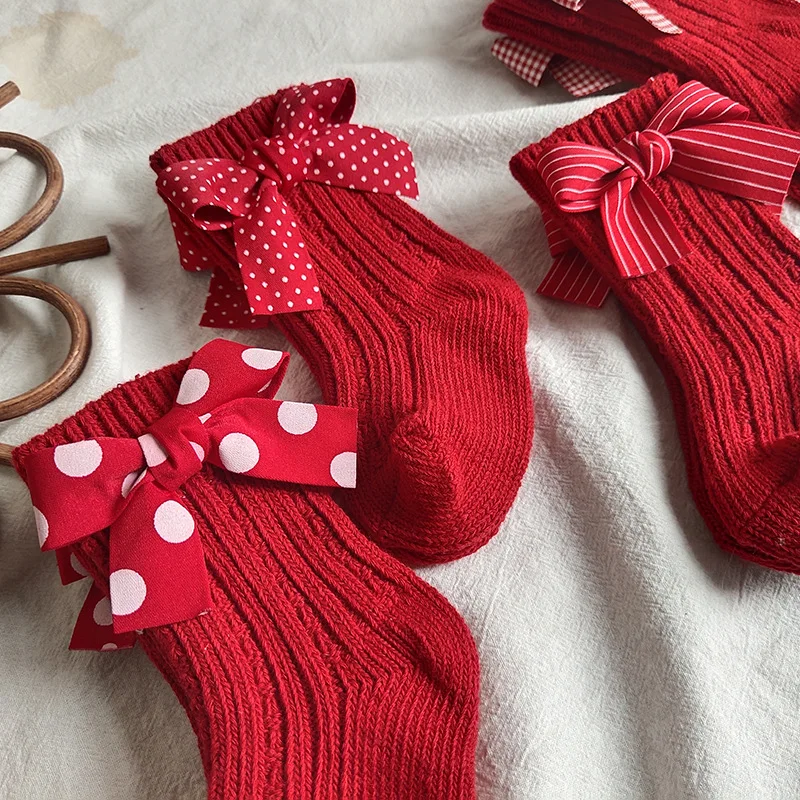 Girls Middle Tube Socks with Bow 100% Cotton Warm Red Stockings for Children Socks Christmas Socks Kids Gifts 0-8 Years Old