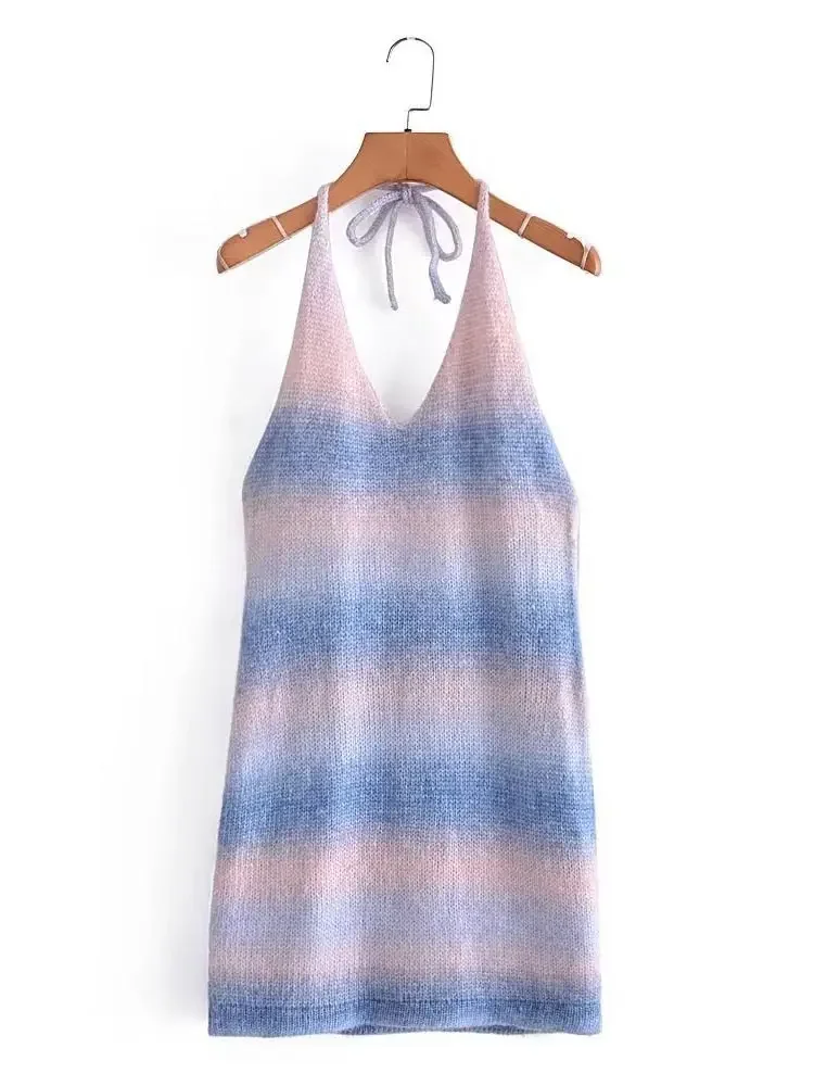 

Female Sexy Gradient Halter Lace Up Knitted Dress Chic Backless Sleeveless Hip Warp Vestidos Summer Holiday Beachwear Dresses