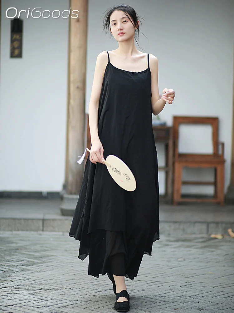 

Новинка 2024, летнее женское платье-комбинация без рукавов, 100% хлопок, черное, белое асимметричное длинное платье N009