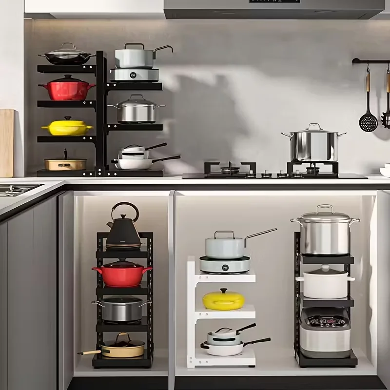 1pc Heavy-Duty Carbon Kitchen Pot Rack, Multi-Tier -Standing Shelf with Adjustable Shelves & Pot Lid Storage - Space