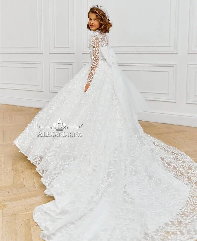 

Gorgeous Lace Flower Girls Dress for Wedding Bow Back Kids Ball Gown Princess Party Pageant Gowns Litter Baby Birthday Dress