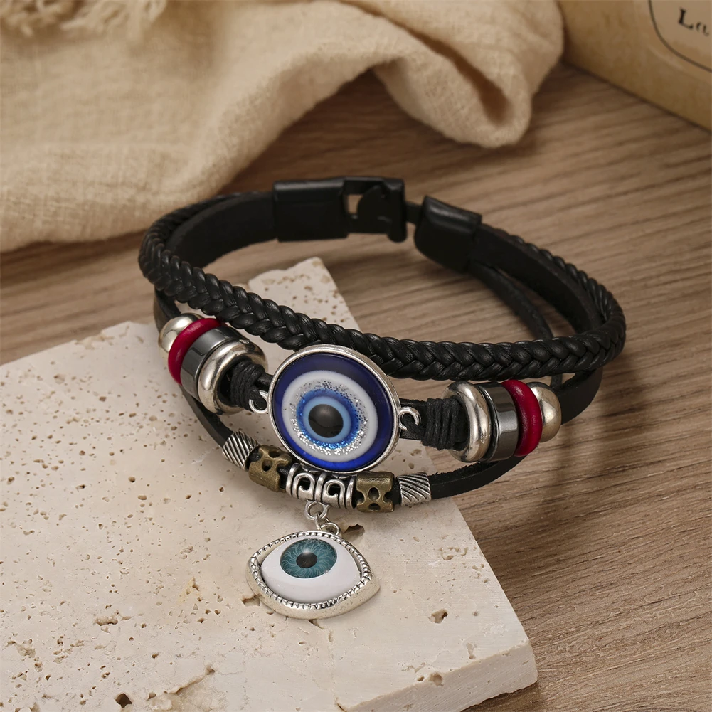 

2023 Charm Jewelry Handmade Weave Multi Layer Cuff Eye Bracelet Vintage Black PU Leather Beads Bracelet Men Pulseira