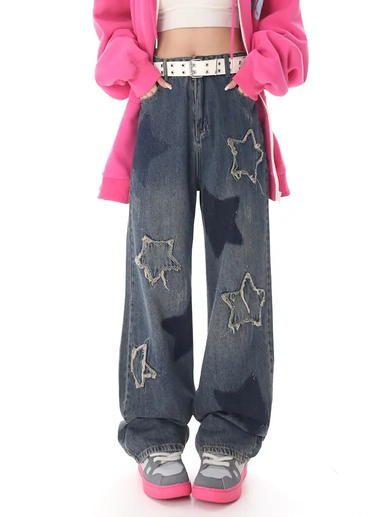 Sweet cool style ins retro dark blue American street washed star jeans women loose high street trendy straight casual pants y2k