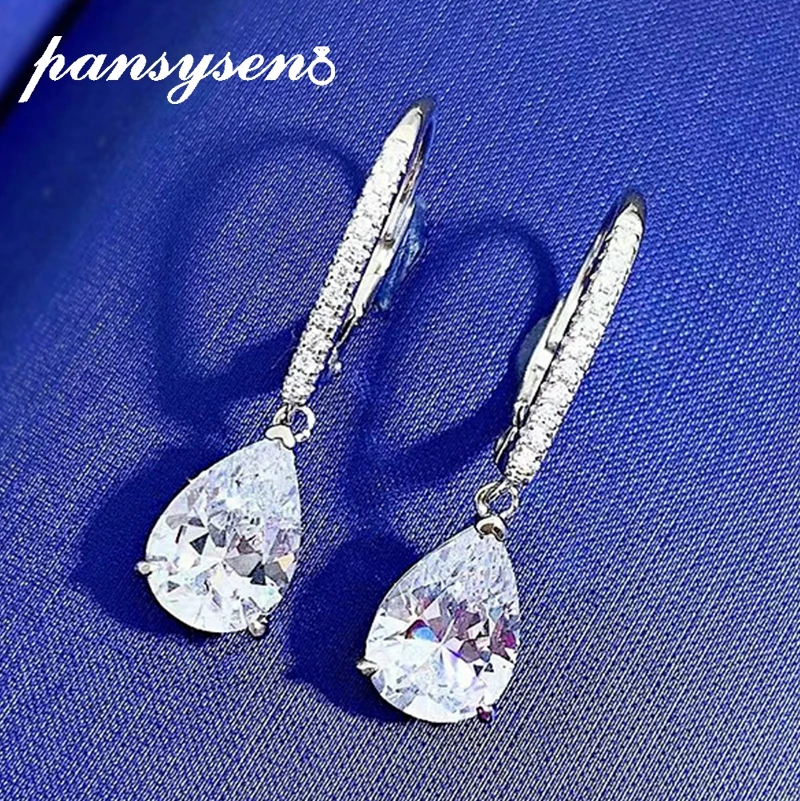 

PANSYSEN Romantic 925 Sterling Silver Pear Cut 7x10MM Diamond Gemstone Engagement Wedding Clip Earrings for Women Fine Jewelry
