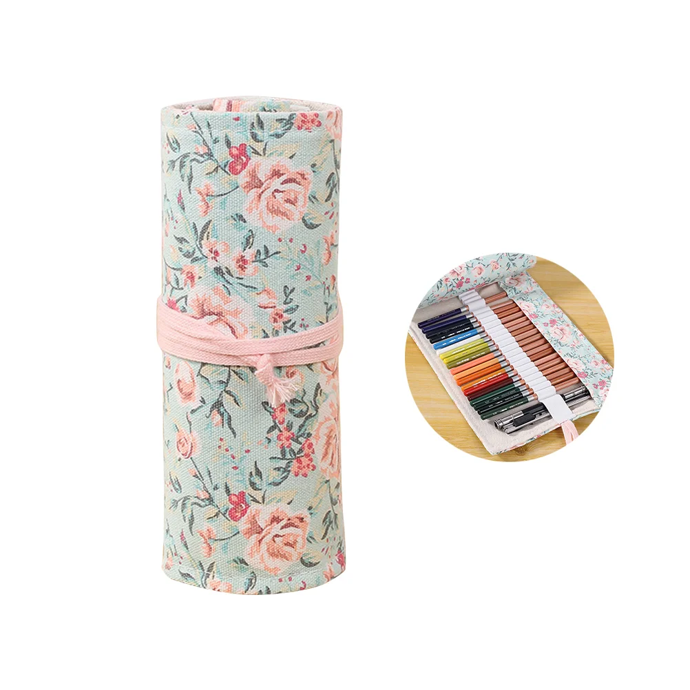 

Stationery Bags Canvas Portable Rolling Pencil Roll Holder Pouch Case Pink Floral Style Storage Organizer With 12-hole