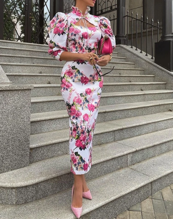 

Fashionable women's sexy slim fit stand up collar with fluffy sleeves floral print tassel hem hollowed out lace up details dress