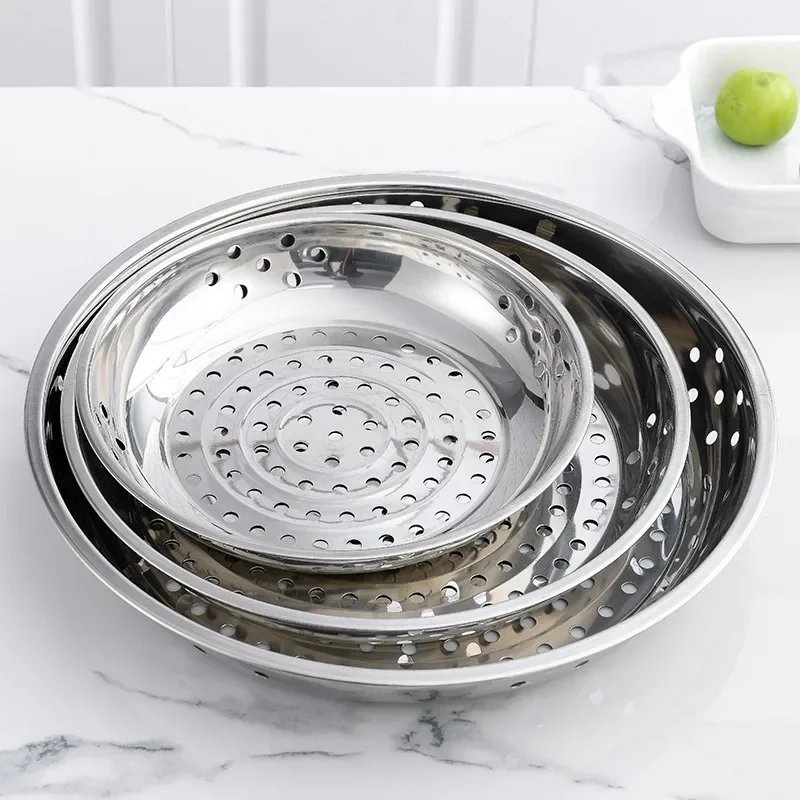 Thickened Stainless Steel leak colander Plate Round hole tray Deep Pallet Super Large Steamer Rice bean Disc Drainage Plate set, dining dish