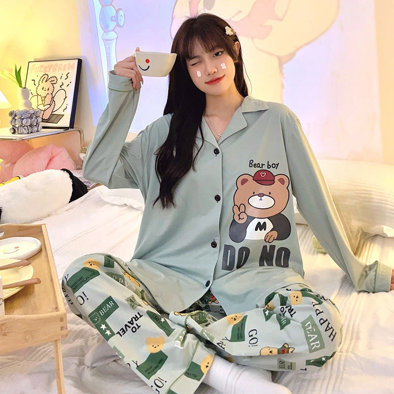 2024 New Sleepwear Spring Autumn Women Long-Sleeved Trousers Sweet Cute Bear Pajamas Suit Female Large Size Casual Homewear Suit