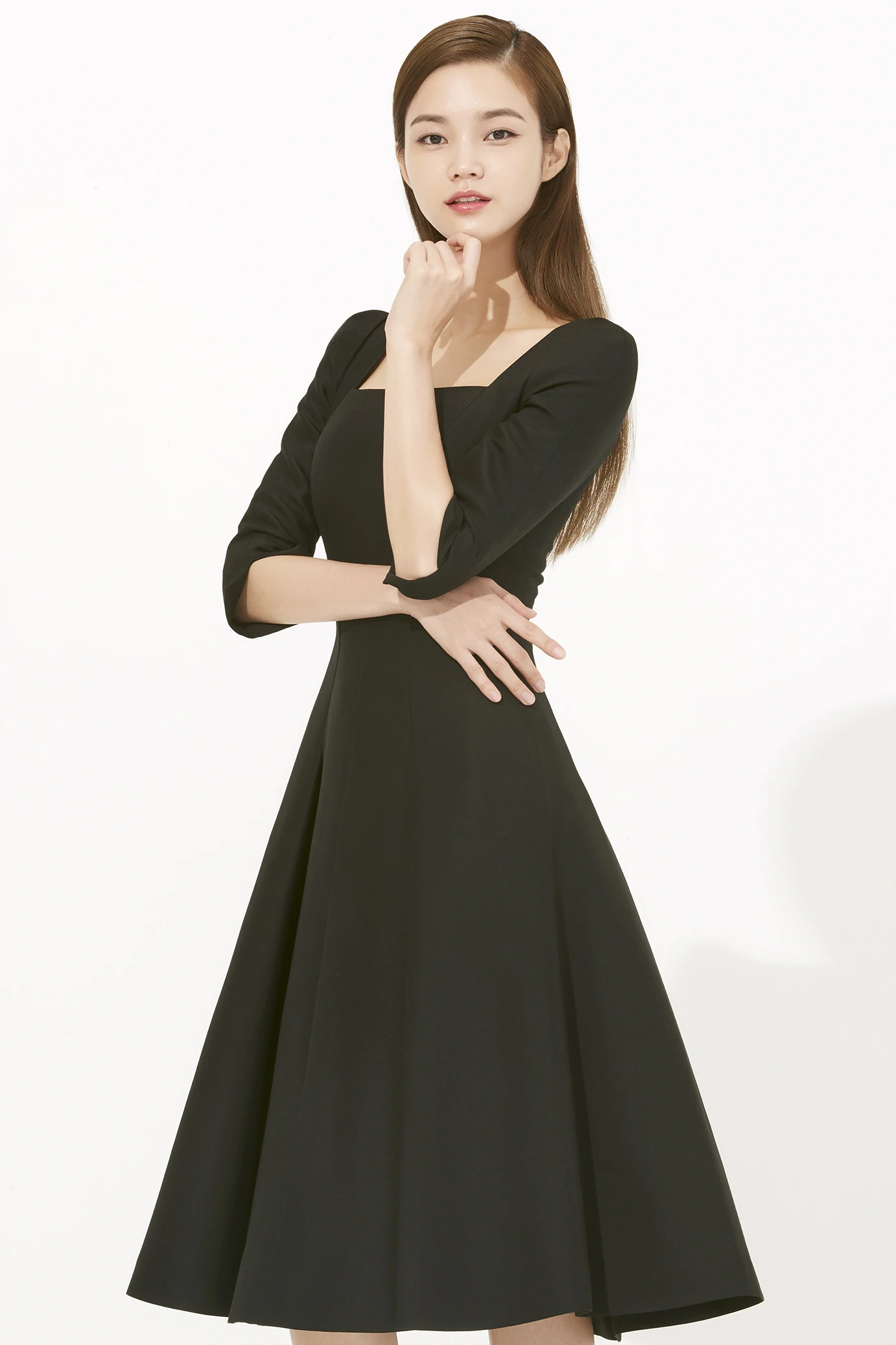 WOOL SILK SQUARE NECK LINE FLARE DRESS - avouavou 아보아보