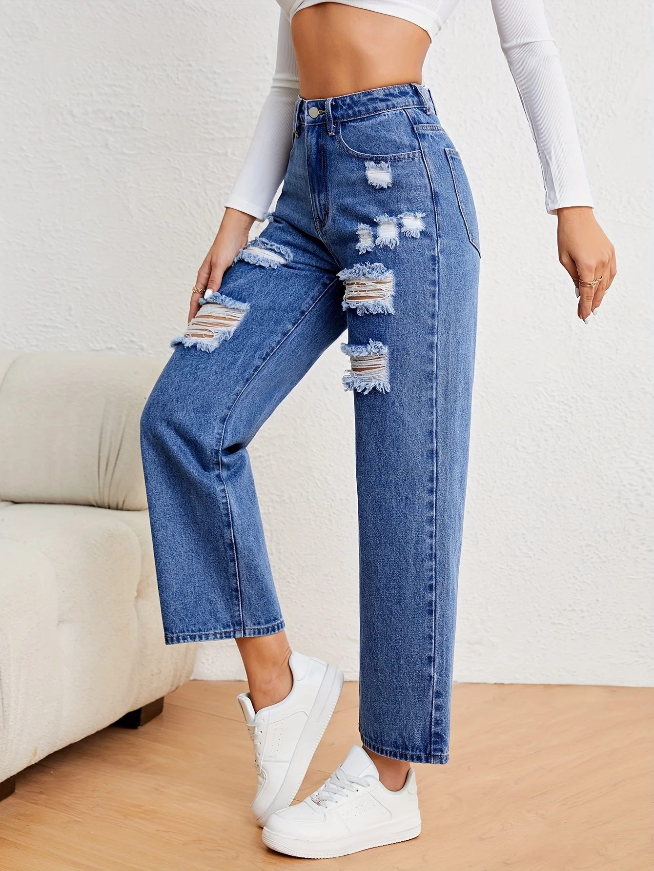 Denimcolab 여성용 하이 웨이스트 찢어진 청바지, 패션 홀 워시 코튼 데님 바지, 하이 스트리트웨어 스트레이트 청바지, 신제품