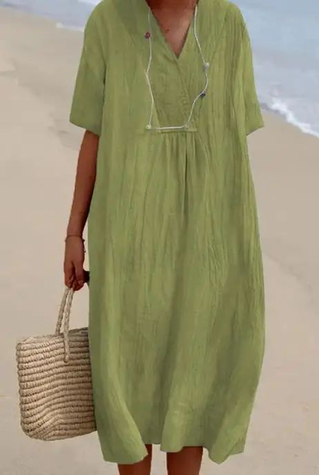 Abito Da Donna In Cotone E Lino Abbigliamento Estivo Moda Tinta Unita Colletto A Forma Di V Gonna Lunga A Maniche Corte Abiti Casual Y2K Nuovo