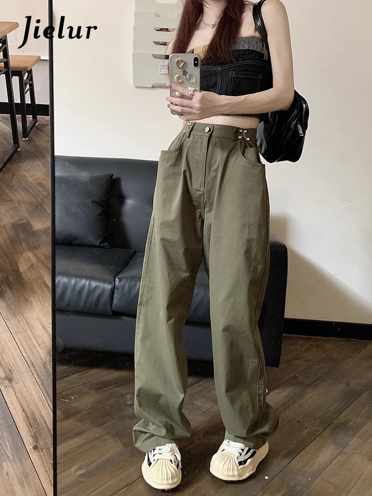 

Jielur New Women's Solid Color High Waist Adjustable Buckle Workwear Long Legged Pants Fashion Women Loose Straight Leg Pants