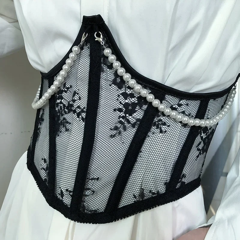 

Thin Breathable Black White Colors Lace Mesh Plastic Bones Waist Band 21cm Short Strap Women's Pearl Waist Cover Gorset