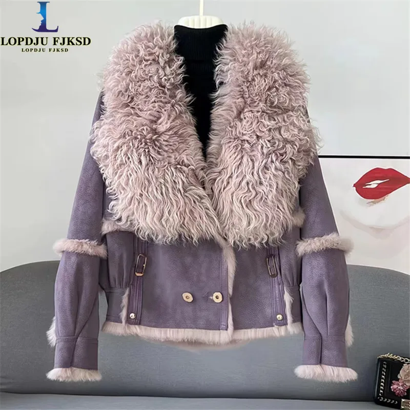 Leather Jacket for Women, Wool Collar, Rabbit Fur Coat,Loose Short Overcoat, Warm Female Clothing, Winter, High Quality, New faux fur women jacket winter new fashion high quality thickened warm solid color short elegant leather coat v neck overcoat 2022