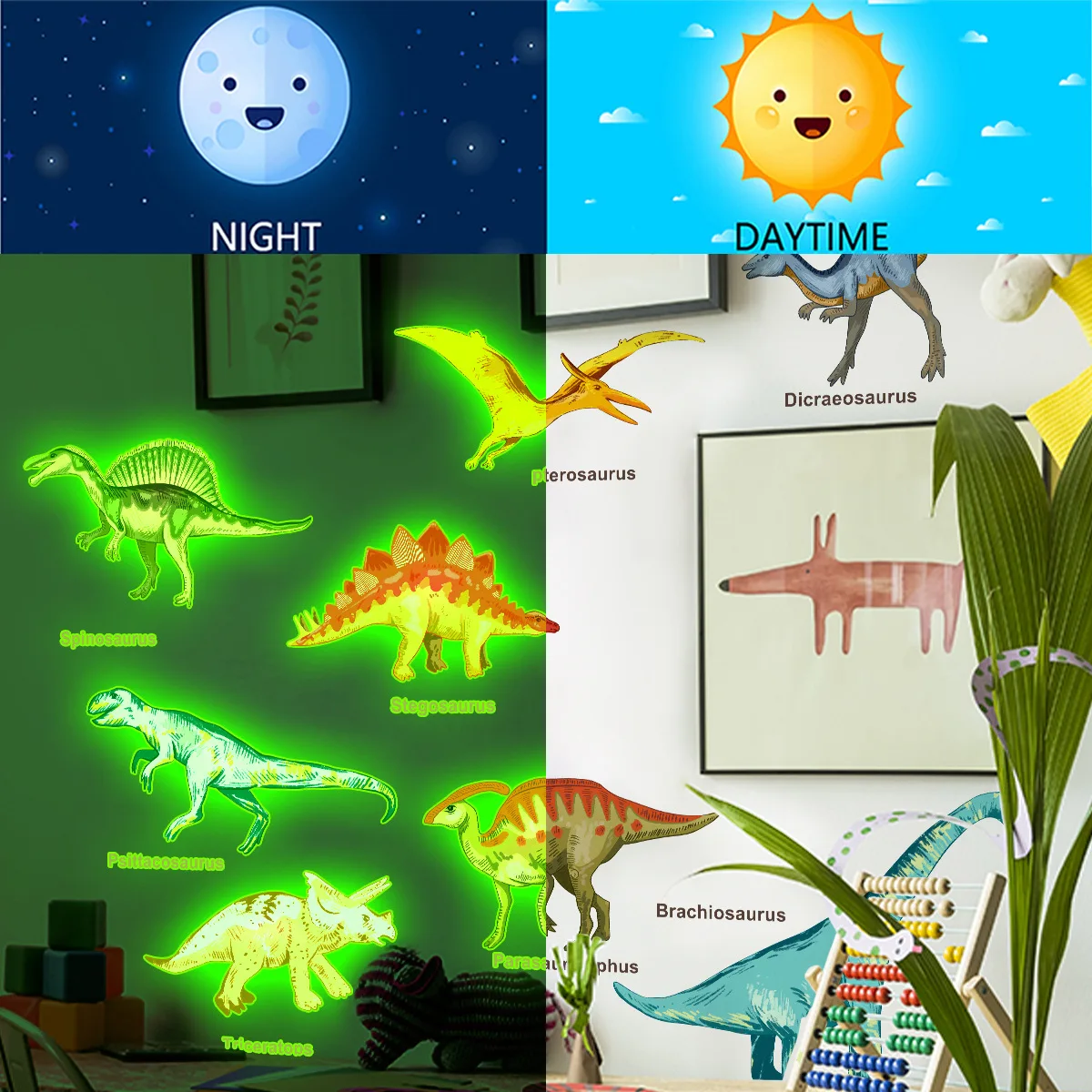 Glow-in-the-Dark Cartoon Hand-Drawn Dinosaur Wall Stickers - 3Pcs/Set (20x30cm) Cute Animal Fluorescent Decals for Kids' Room