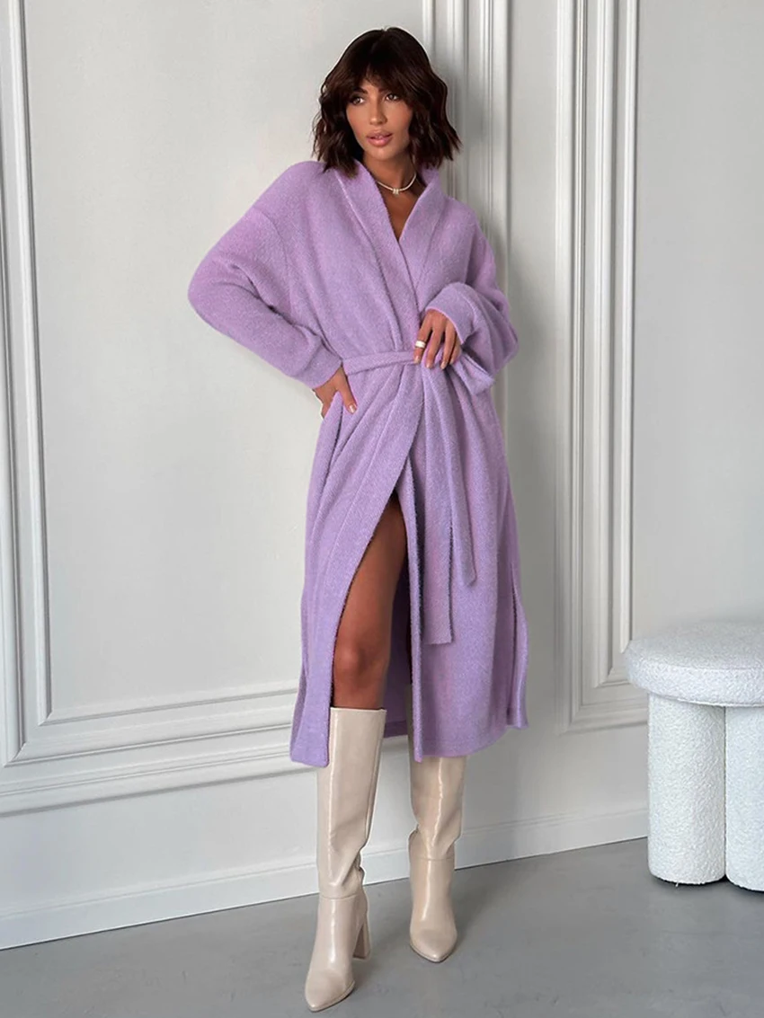 

Marthaqiqi Purple Women Robe Sexy V-Neck Bathrobe Long Sleeve Lace Up Nightwear Mid-Calf Dress Casual Winter Ladies Home Clothes